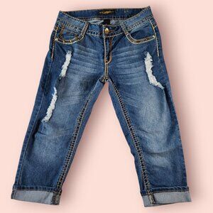 Southpole Y2K distressed denim capri's mid rise rhinestone embellished size 9